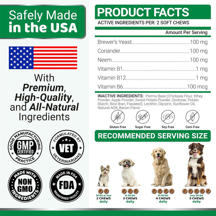 YUMA'S bacon-flavor dog chews product facts, ingredient amounts per two chews and weight-based serving chart