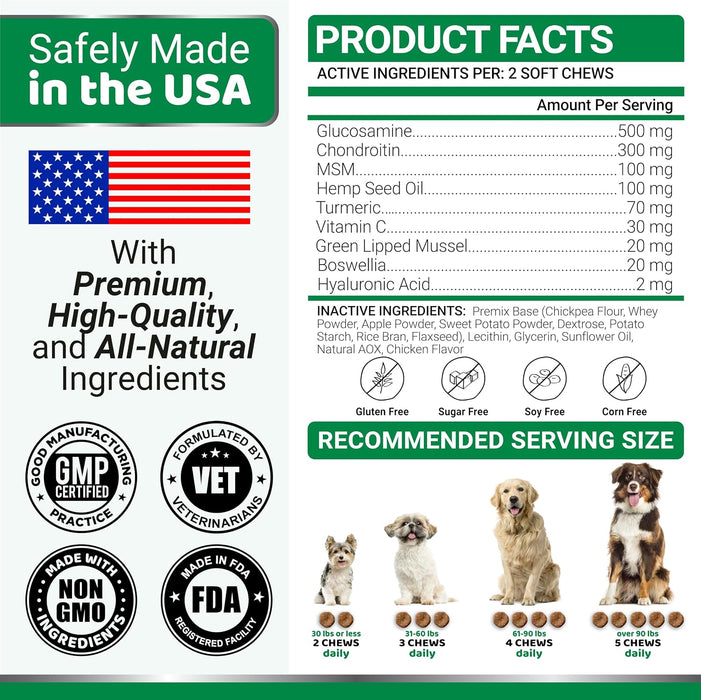 YUMA'S Hemp Hip & Joint product facts with ingredient amounts per two soft chews and daily serving chart