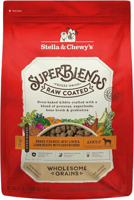 Stella & Chewy's SuperBlends Raw Coated Wholesome Grains Grass-Fed Beef, Beef Liver & Lamb Recipe with Superfoods Dry Dog Food