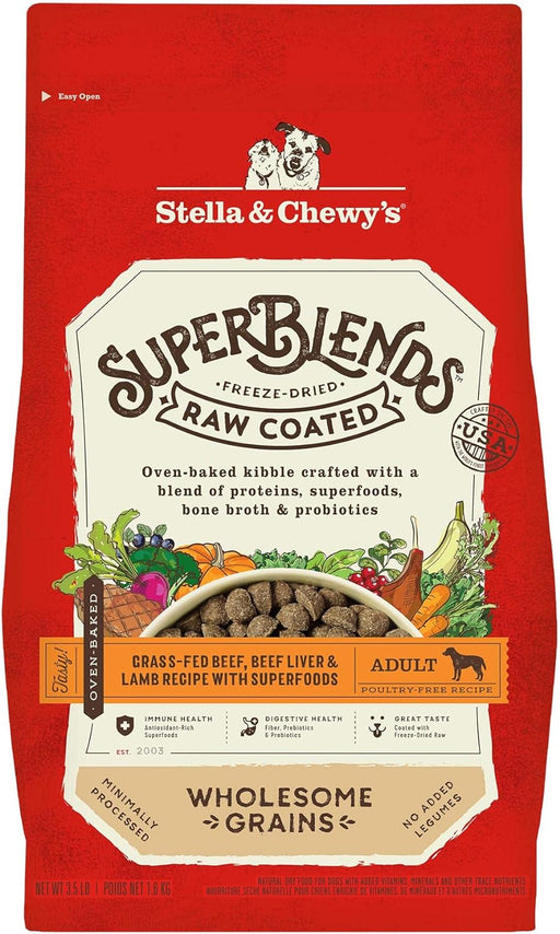 Stella & Chewy's SuperBlends Raw Coated Wholesome Grains Grass-Fed Beef, Beef Liver & Lamb Recipe with Superfoods Dry Dog Food