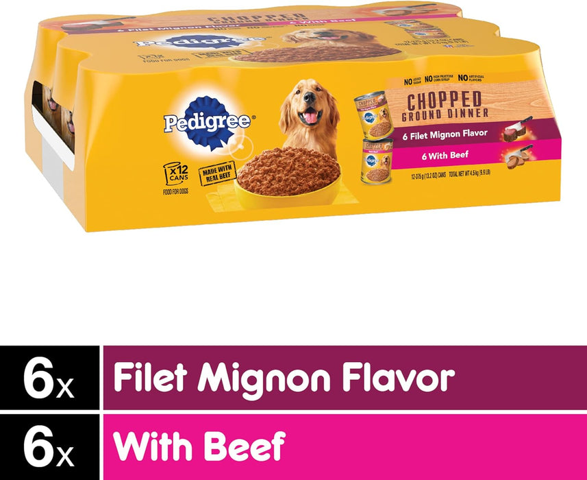 Pedigree Chopped Ground Dinner Filet Mignon Flavor & Beef Adult Canned Wet Dog Food Variety Pack, 13.2-oz, case of 12