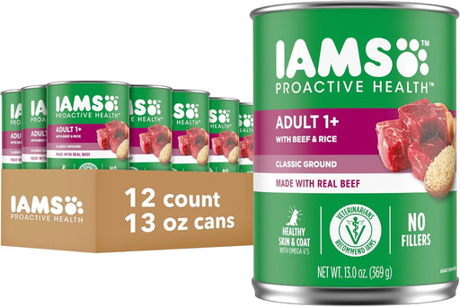 Iams ProActive Health Classic Ground with Beef & Whole Grain Rice Adult Canned Wet Dog Food, 13-oz can, case of 12