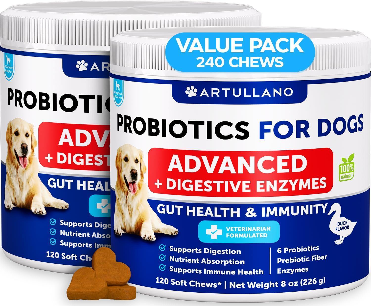 Artullano Advanced Probiotics for Dogs, Duck Flavor, 2-Pack, 240 Soft Chews Total
