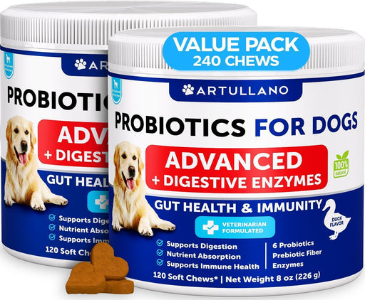 Artullano Advanced Probiotics for Dogs, Duck Flavor, 2-Pack, 240 Soft Chews Total