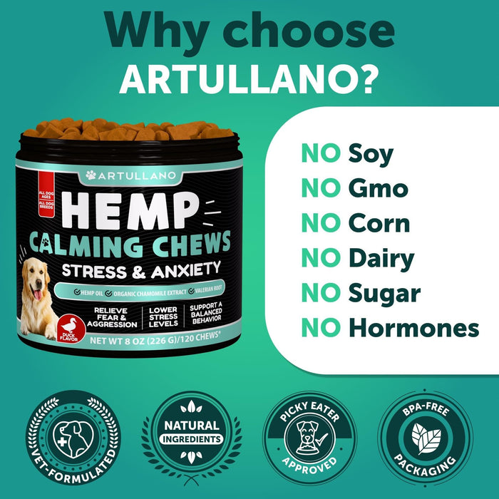 Artullano Hemp Calming Soft Chews for Dogs, Duck Flavor, 120 Count