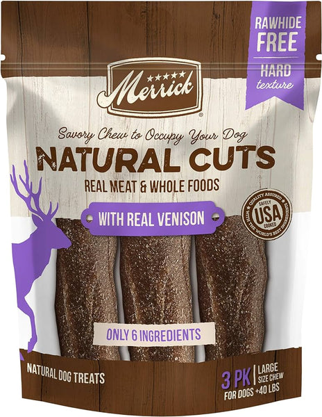 Merrick Natural Cuts Rawhide Free Large Chew with Real Venison for Dogs, 10.9 oz, Count of 3