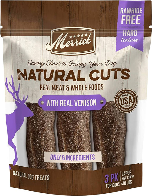 Merrick Natural Cuts Rawhide Free Large Chew with Real Venison for Dogs, 10.9 oz, Count of 3