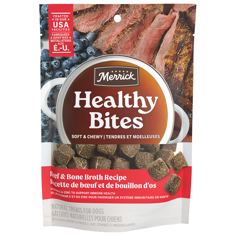 Merrick Healthy Bites Grain Free Dog Treats, Soft Treats With Bone Broth for Dogs, Beef And Bone Broth Recipe pouch packaging