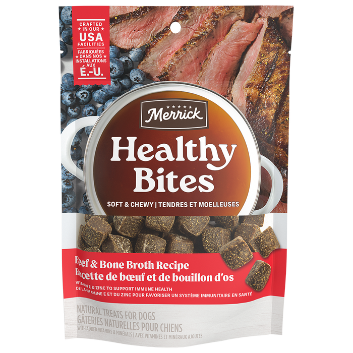 Merrick Healthy Bites Grain Free Dog Treats, Soft Treats With Bone Broth for Dogs, Beef And Bone Broth Recipe pouch packaging