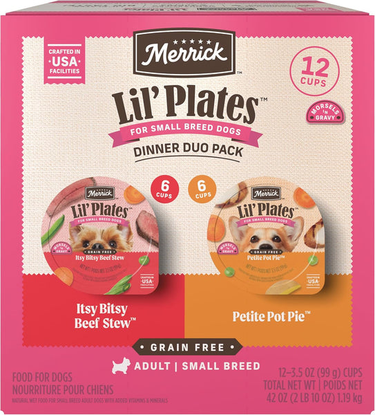Merrick Lil’ Plates Grain Free Dinner Duos Soft Natural Wet Small Dog Food Variety Pack, Beef and Chicken - (Pack of 12) 3.5 lb. Tubs