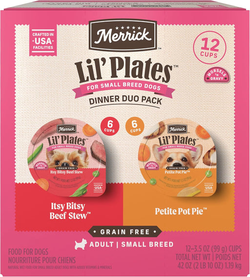 Merrick Lil’ Plates Grain Free Dinner Duos Soft Natural Wet Small Dog Food Variety Pack, Beef and Chicken - (Pack of 12) 3.5 lb. Tubs