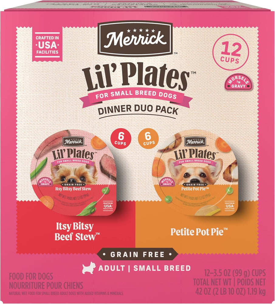 Merrick Lil’ Plates Grain Free Dinner Duos Soft Natural Wet Small Dog Food Variety Pack, Beef and Chicken - (Pack of 12) 3.5 lb. Tubs