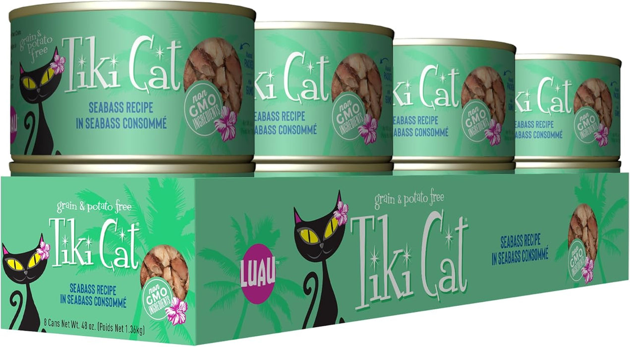 Tiki Cat Luau Shredded Meat, Seabass Recipe in Seabass Consumme, Grain-Free Balanced Nutrition Wet Canned Cat Food, For All Life Stages, 6 oz. Can (8 Count)