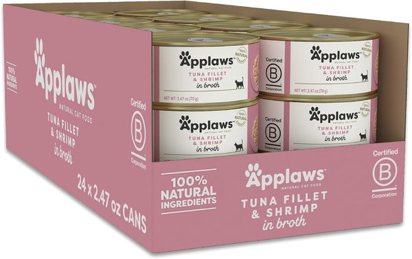 Applaws Natural Wet Cat Food, 24 Count, Limited Ingredient Canned Wet Cat Food, Tuna Fillet with Shrimp in Broth.