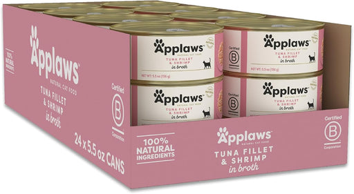 Applaws Natural Wet Cat Food, 24 Count, Limited Ingredient Canned Wet Cat Food, Tuna Fillet with Shrimp in Broth.