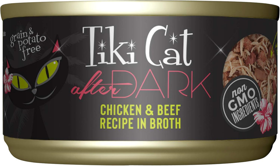 TIKI PETS Cat After Dark Grain-Free, Low-Carbohydrate Wet Food with Real Shredded Meat for Cats & Kittens, 2.8oz, 12pk, Chicken & Beef, Black.