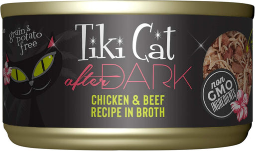 TIKI PETS Cat After Dark Grain-Free, Low-Carbohydrate Wet Food with Real Shredded Meat for Cats & Kittens, 2.8oz, 12pk, Chicken & Beef, Black.