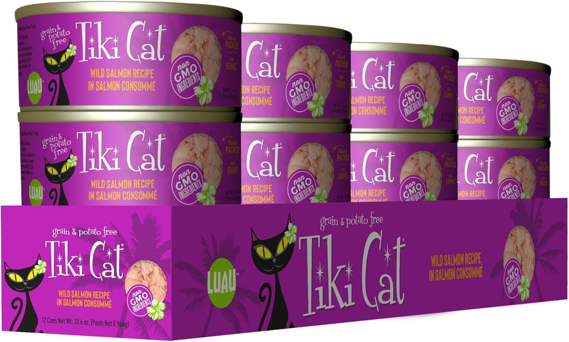 Tiki Cat Luau Shredded Meat, Wild Salmon Recipe in Salmon Consumme, Grain-Free Balanced Nutrition Wet Canned Cat Food, For All Life Stages, 2.8 oz. Can