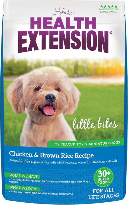 Health Extension Little Bites Dry Dog Food for Toy and Small Breeds, Chicken & Brown Rice Recipe, with Probiotics & Superfoods for Digestion & Coat Health.