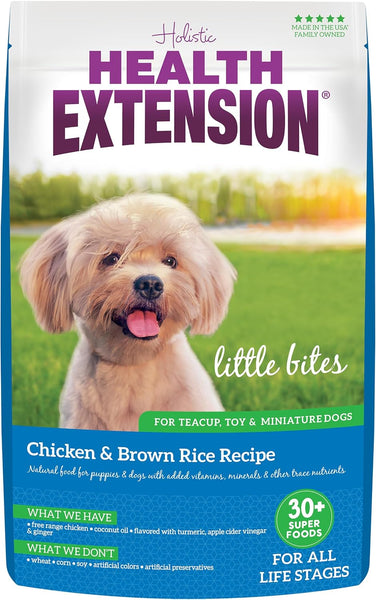 Health Extension Little Bites Dry Dog Food for Toy and Small Breeds, Chicken & Brown Rice Recipe, with Probiotics & Superfoods for Digestion & Coat Health.