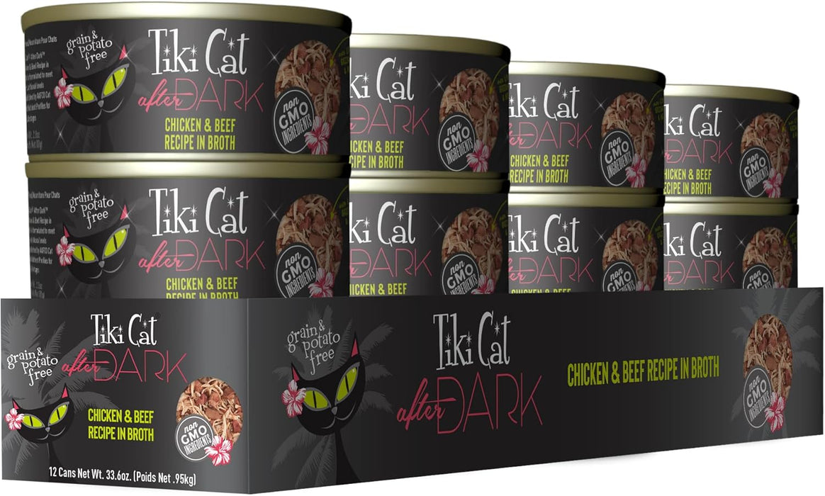 TIKI PETS Cat After Dark Grain-Free, Low-Carbohydrate Wet Food with Real Shredded Meat for Cats & Kittens, 2.8oz, 12pk, Chicken & Beef, Black.