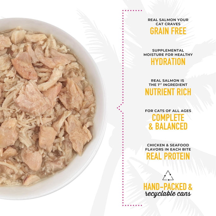 Tiki Cat Luau Shredded Meat, Wild Salmon & Chicken Recipe in Chicken Consumme, Grain-Free Balanced Nutrition Wet Canned Cat Food, For All Life Stages.