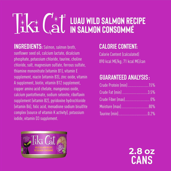 Tiki Cat Luau Shredded Meat, Wild Salmon Recipe in Salmon Consumme, Grain-Free Balanced Nutrition Wet Canned Cat Food, For All Life Stages, 2.8 oz. Can