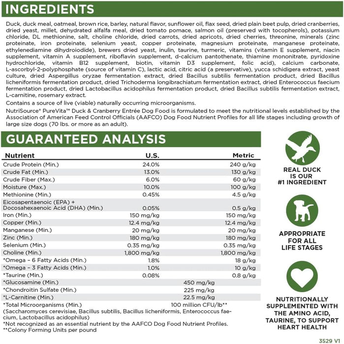 NutriSource Pure Vita Duck & Cranberry Dog Food