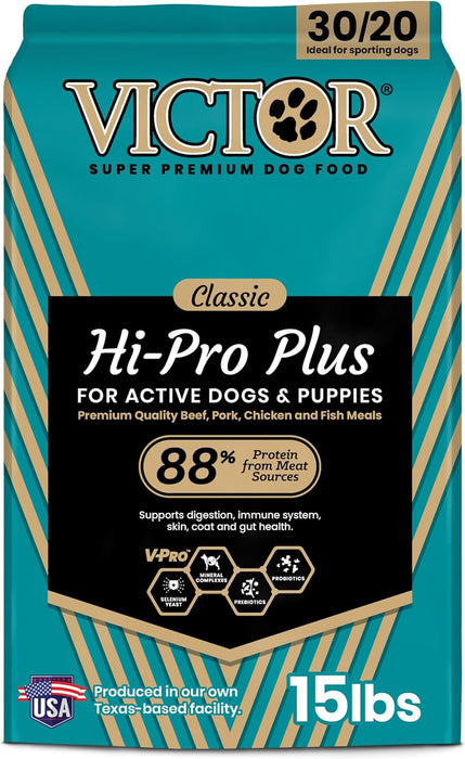VICTOR Super Premium Dog Food – Hi-Pro Plus Dry Kibble – High Protein Dog Food with 30% Protein – Beef, Chicken, Pork, Fish Meals, Gluten Free - for High Energy and Active Dogs & Puppies