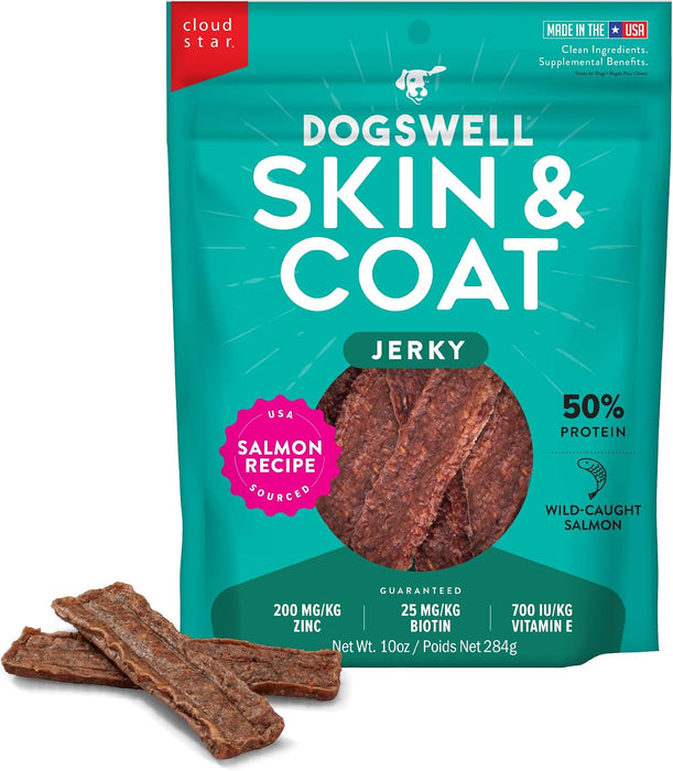 Dogswell Grain-Free Skin & Coat Salmon Jerky Dog Treats package