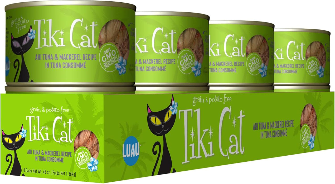 Tiki Cat Luau Shredded Meat, Ahi Tuna & Mackerel Recipe in Tuna Consumme, Grain-Free Balanced Nutrition Wet Canned Cat Food, For All Life Stages.