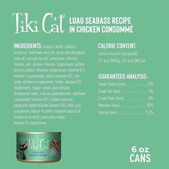 Tiki Cat Luau Shredded Meat, Seabass Recipe in Seabass Consumme, Grain-Free Balanced Nutrition Wet Canned Cat Food, For All Life Stages, 6 oz. Can (8 Count)