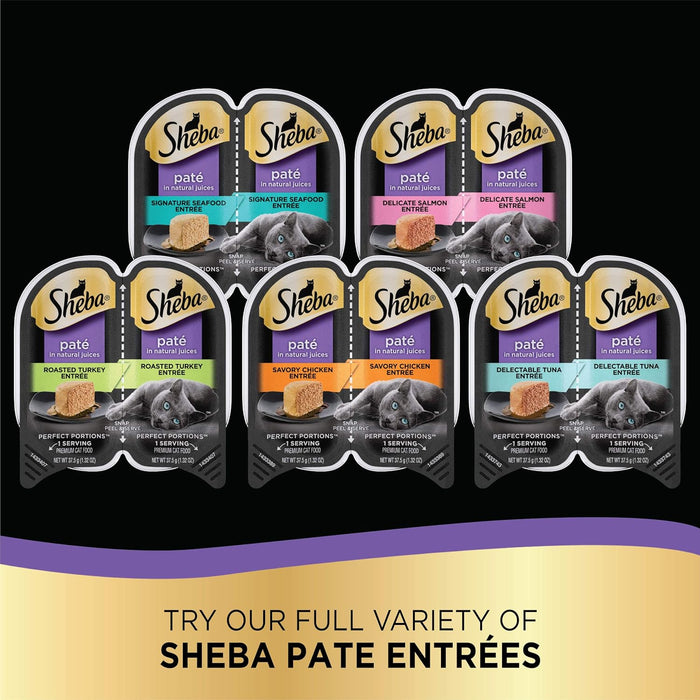 SHEBA Perfect Portions Paté Wet Cat Food Trays (24 Count, 48 Servings), Savory Chicken, Roasted Turkey, and Tender Beef Entrée, Easy Peel Twin-Pack Trays