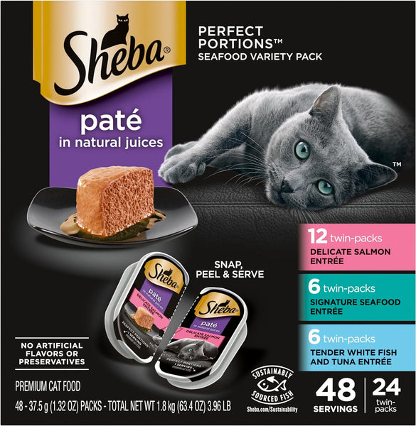 SHEBA PERFECT PORTIONS Paté Adult Wet Cat Food Trays (24 Count, 48 Servings), Signature Seafood Entrée, Easy Peel Twin-Pack Trays