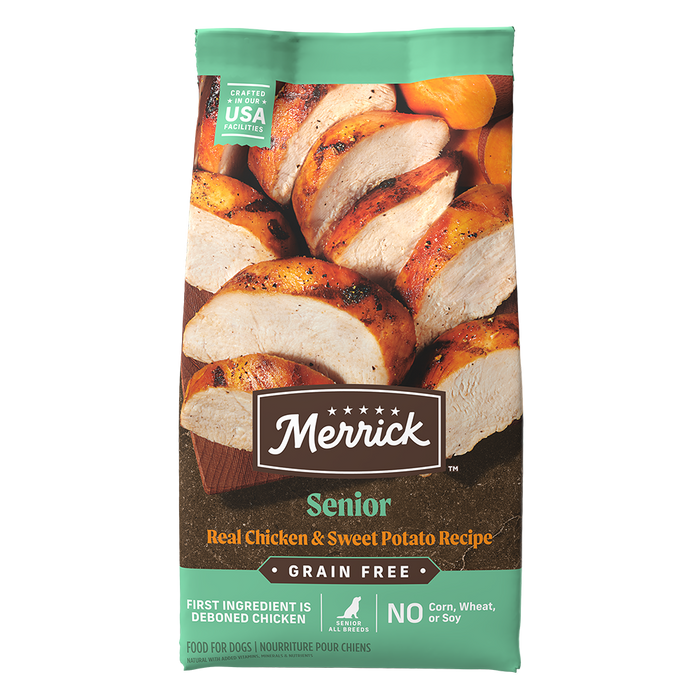 Merrick Grain Free Senior Real Chicken & Sweet Potato Recipe Dry Dog Food bag packaging