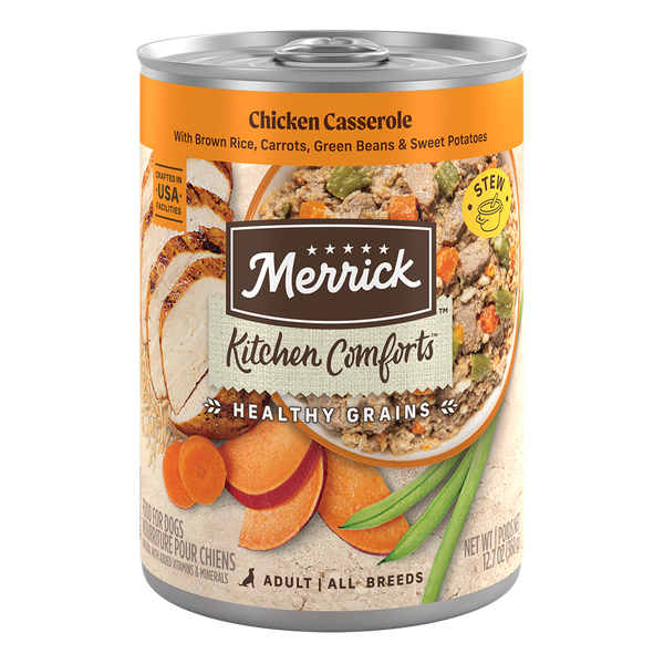 Merrick Kitchen Comforts Chicken Casserole Wet Dog Food can packaging