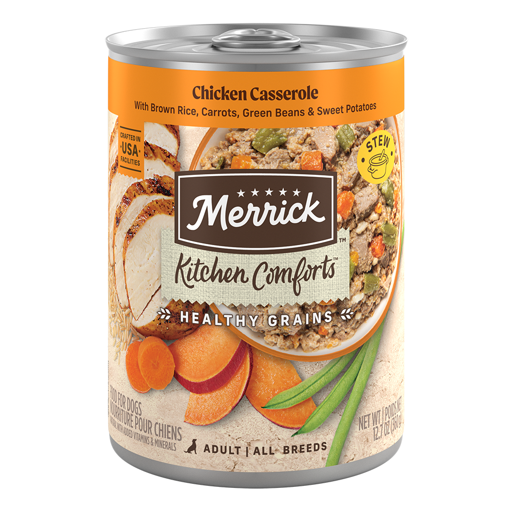 Merrick Kitchen Comforts Chicken Casserole Wet Dog Food can packaging
