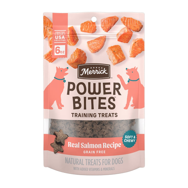 Merrick Power Bites Real Salmon Recipe Dog Treats bag packaging