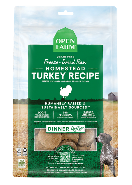 Open Farm Homestead Turkey Freeze-Dried Raw Patties Dog Food — manufacturer recipe-family image; packaging size may differ