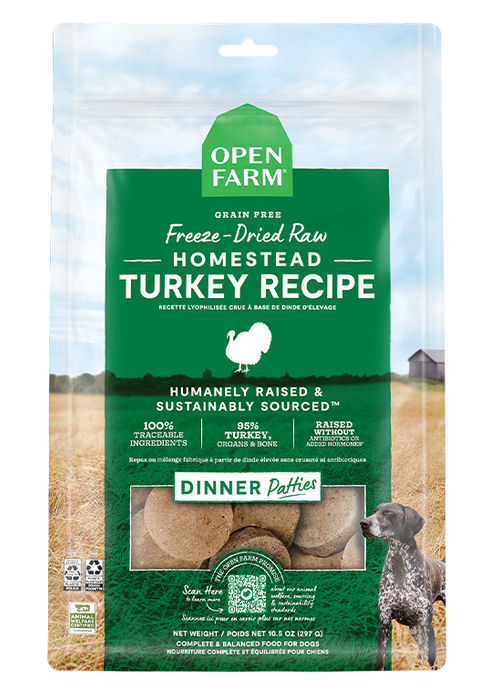 Open Farm Homestead Turkey Freeze-Dried Raw Patties Dog Food — manufacturer recipe-family image; packaging size may differ
