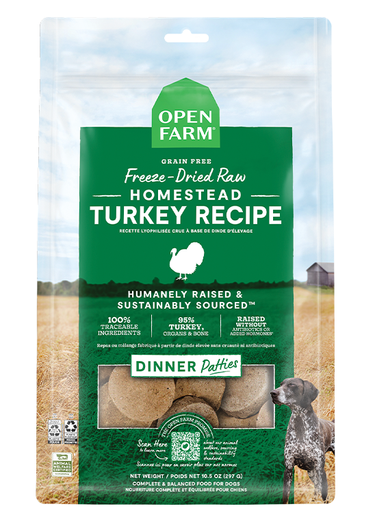 Open Farm Homestead Turkey Freeze-Dried Raw Patties Dog Food — manufacturer recipe-family image; packaging size may differ