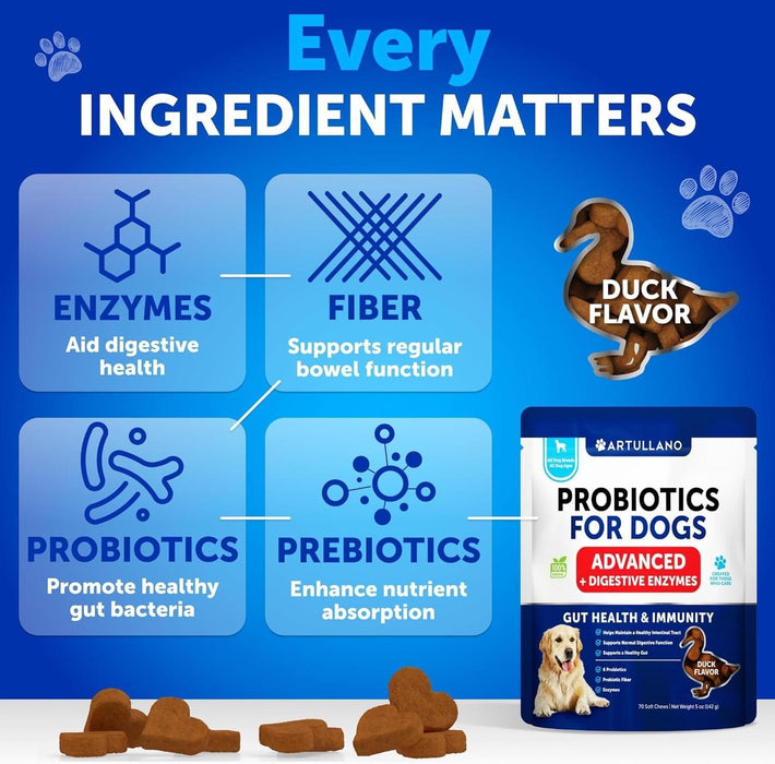 Artullano Advanced Probiotics for Dogs, Duck Flavor, 70 Soft Chews