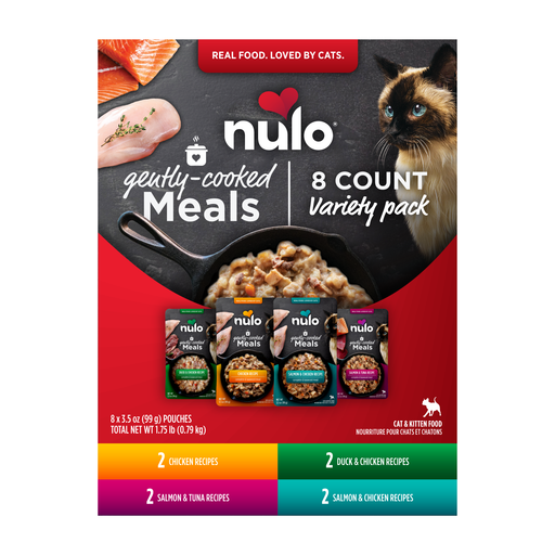 Nulo Gently-Cooked Meals Variety Pack with Duck, Chicken, Tuna & Salmon for Cats - 3.5 oz, 8-count variety pack - front package