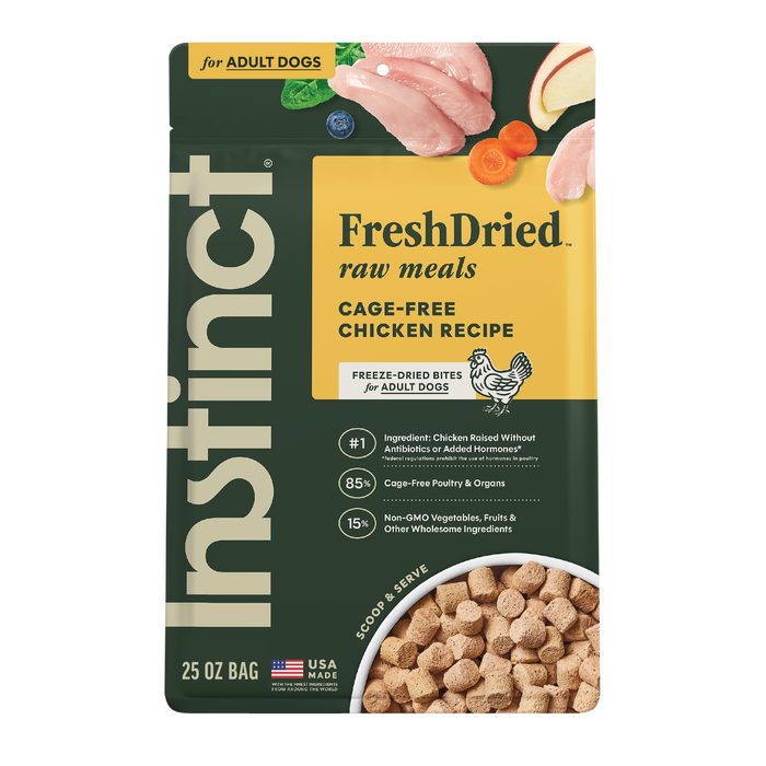 Instinct FreshDried Raw Meals Cage-Free Chicken Recipe dog 25 oz. product benefits and recipe information