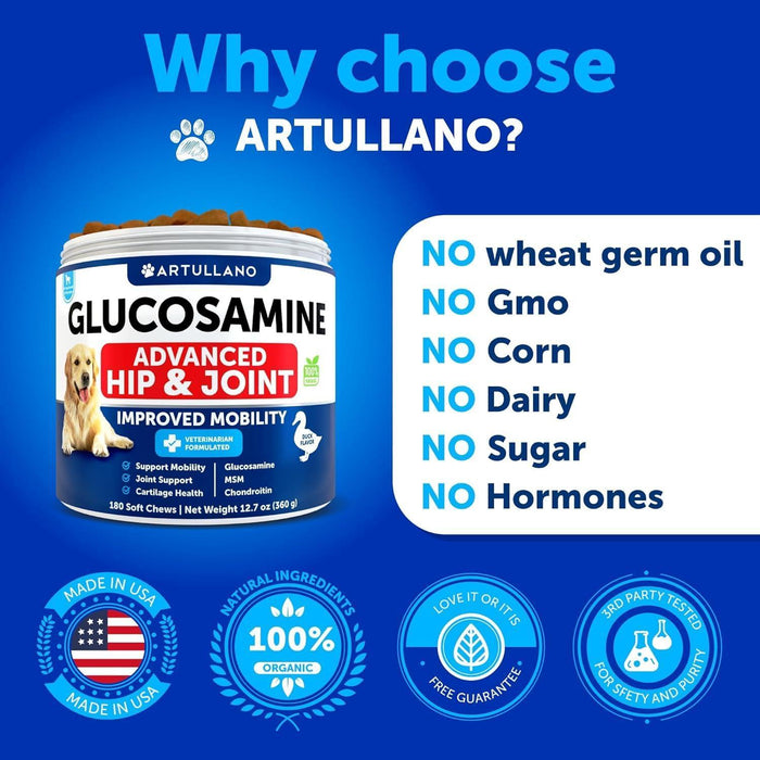 Artullano Glucosamine + Hemp Hip & Joint Soft Chews for Dogs, 120 Count