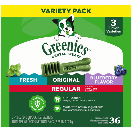Greenies Original, Spearmint & Blueberry Dental Chews Dog Treat Regualr — manufacturer recipe-family image; package size may differ