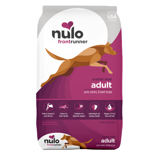 Nulo Frontrunner Ancient Grains Pork, Barley & Beef Recipe for Dogs 23 lb - front package