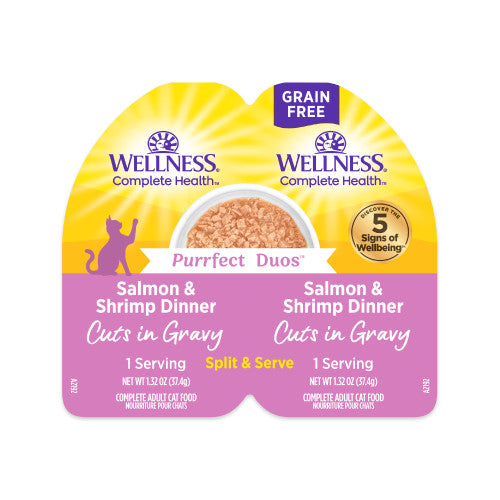 Wellness Purrfect Duos Salmon & Shrimp Cuts in Gravy — 2 × 1.32-oz servings per tray; sold as case of 12 trays (24 servings)