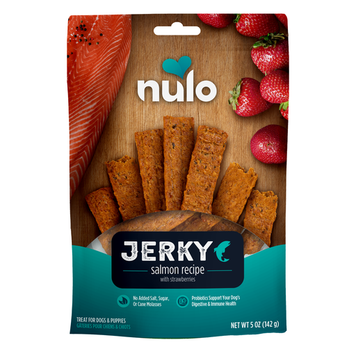 Nulo Jerky Treats Salmon Recipe with Strawberries for Dogs - 5 oz bag - front package
