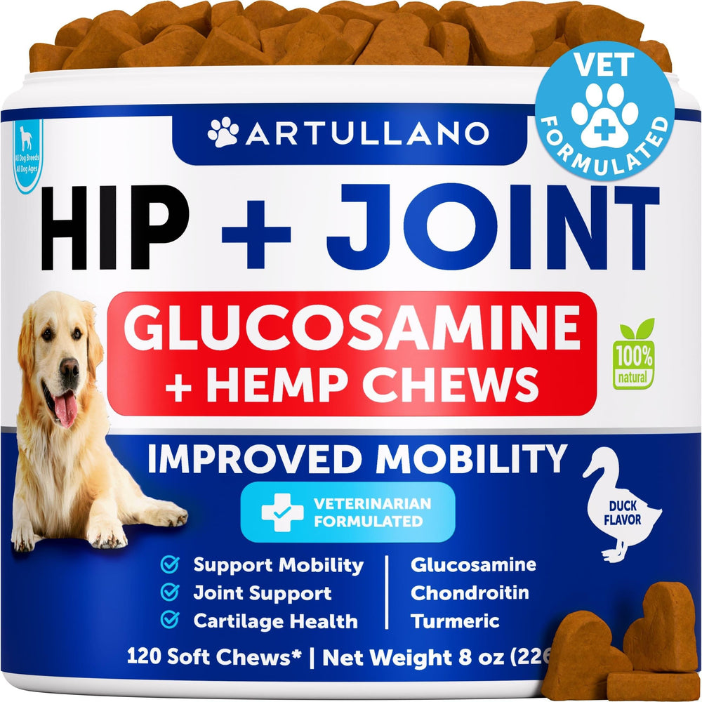 Artullano Hip & Joint Glucosamine + Hemp Soft Chews for Dogs, Duck Flavor, 120 Count